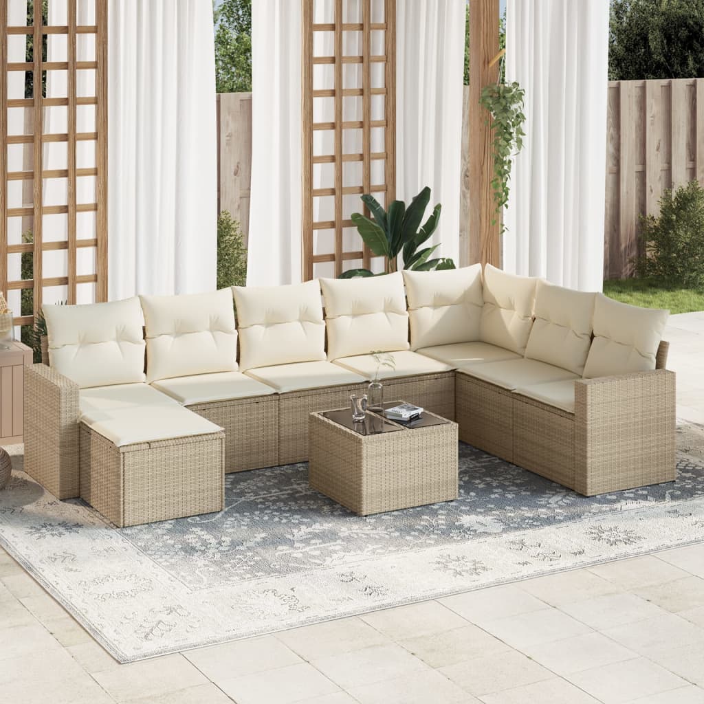 JUNG Vida 9-tlg. Garten-Sofagarnitur mit Kissen Beige Poly Rattan