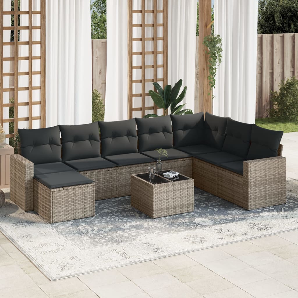 JUNG Vida 9-tlg. Garten-Sofagarnitur mit Kissen Grau Poly Rattan