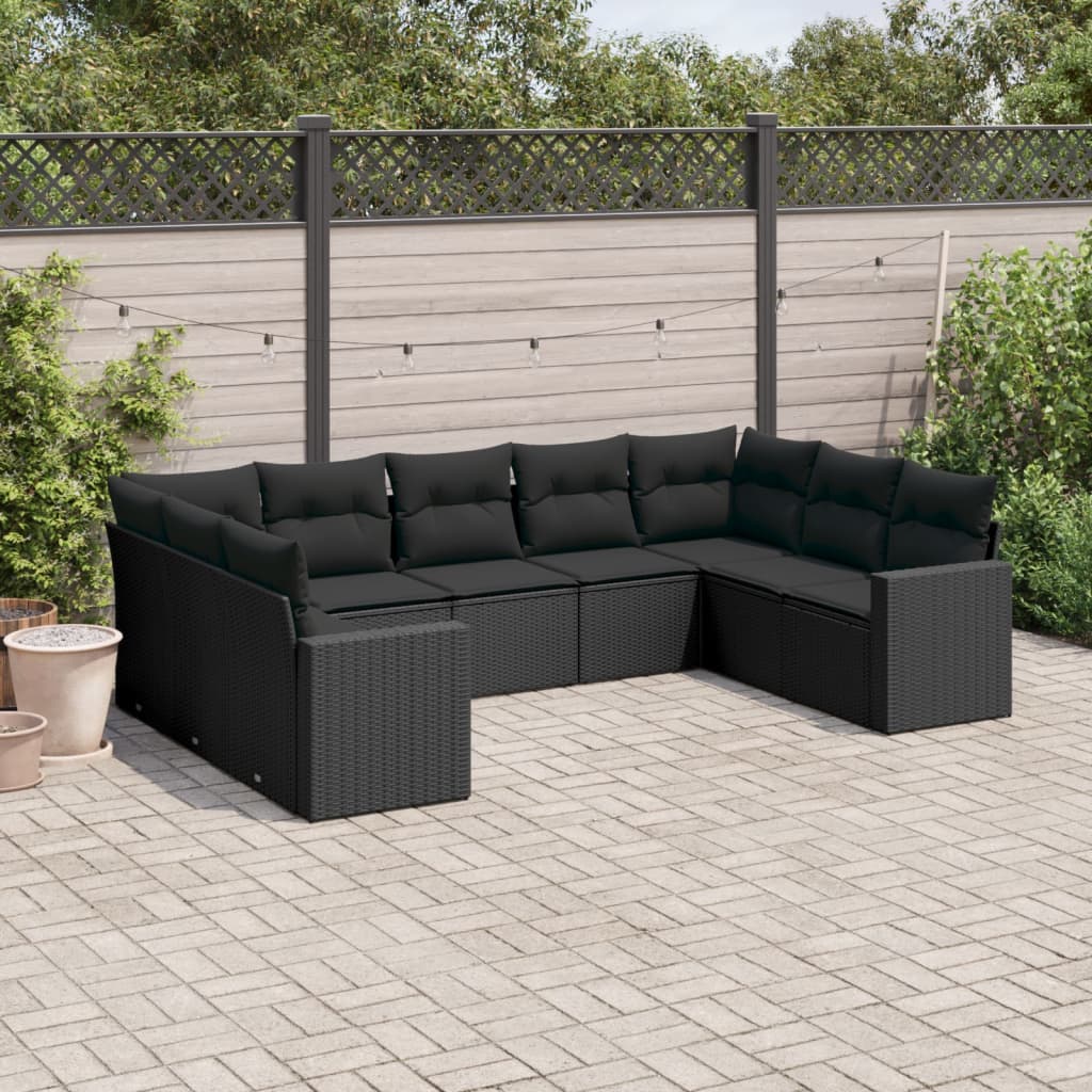 JUNG Vida 9-tlg. Garten-Sofagarnitur mit Kissen Schwarz Poly Rattan