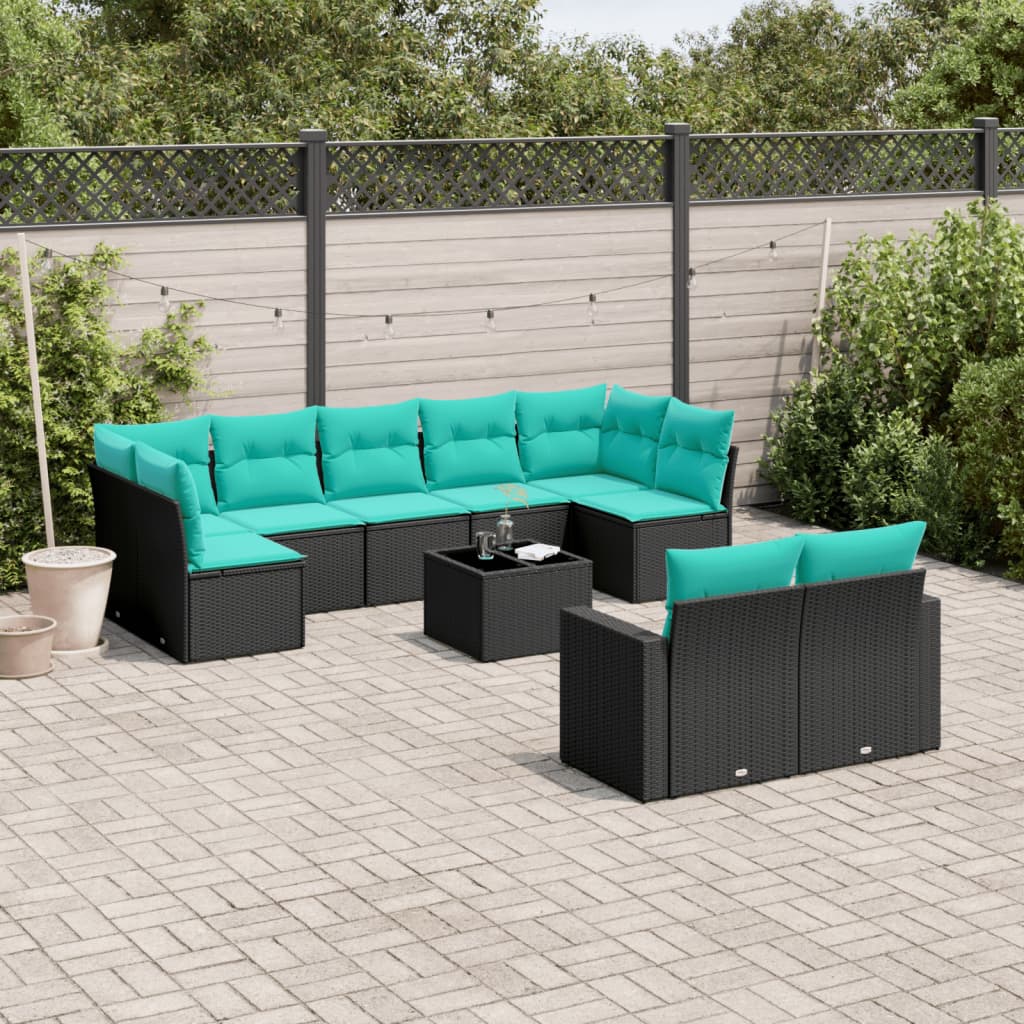 JUNG Vida 10-tlg. Garten-Sofagarnitur mit Kissen Schwarz Poly Rattan
