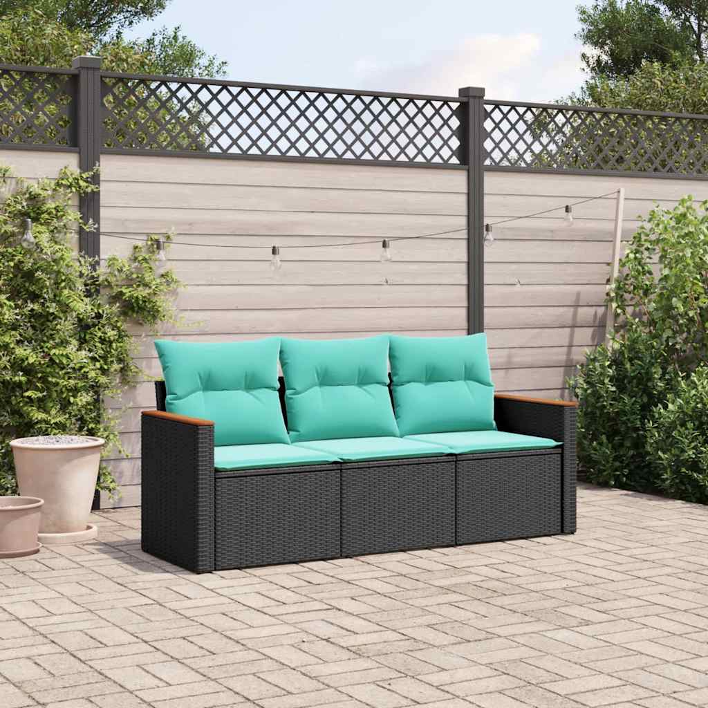 JUNG Vida 3-teiliges Gartensofa-Set mit Kissen, schwarzes Polyrattan