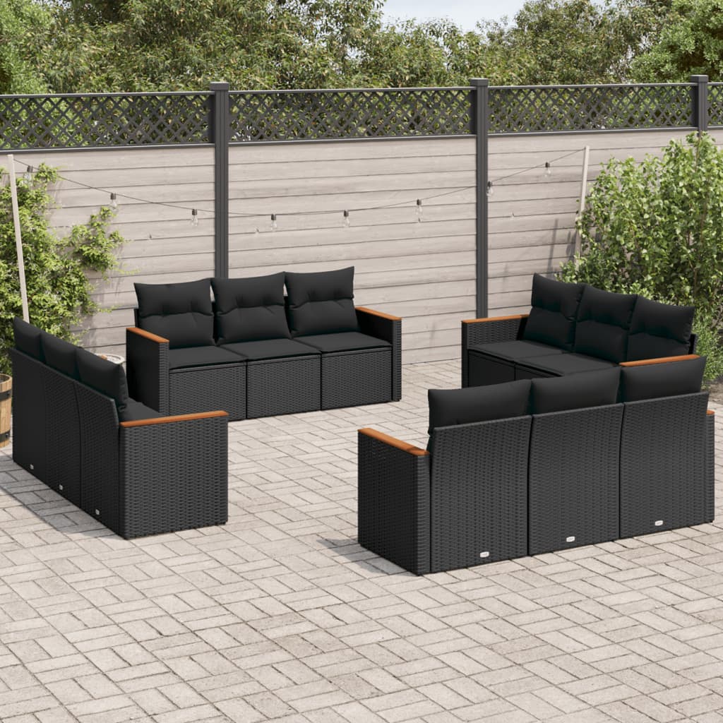 JUNG Vida 12-tlg. Garten-Sofagarnitur mit Kissen Schwarz Poly Rattan