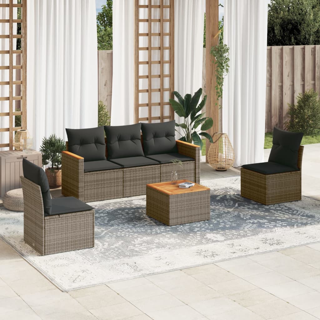 JUNG Vida 6-tlg. Garten-Sofagarnitur mit Kissen Grau Poly Rattan