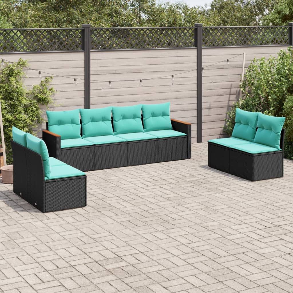 JUNG Vida 8-teiliges Gartensofa-Set mit Kissen, schwarzes Polyrattan