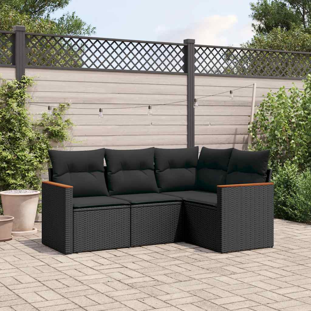 JUNG Vida 4-tlg. Garten-Sofagarnitur mit Kissen Schwarz Poly Rattan
