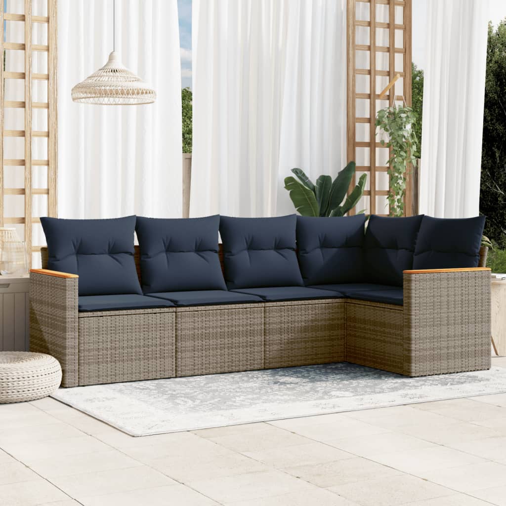 JUNG Vida 5-teiliges Gartensofa-Set mit Kissen, grau, Polyrattan