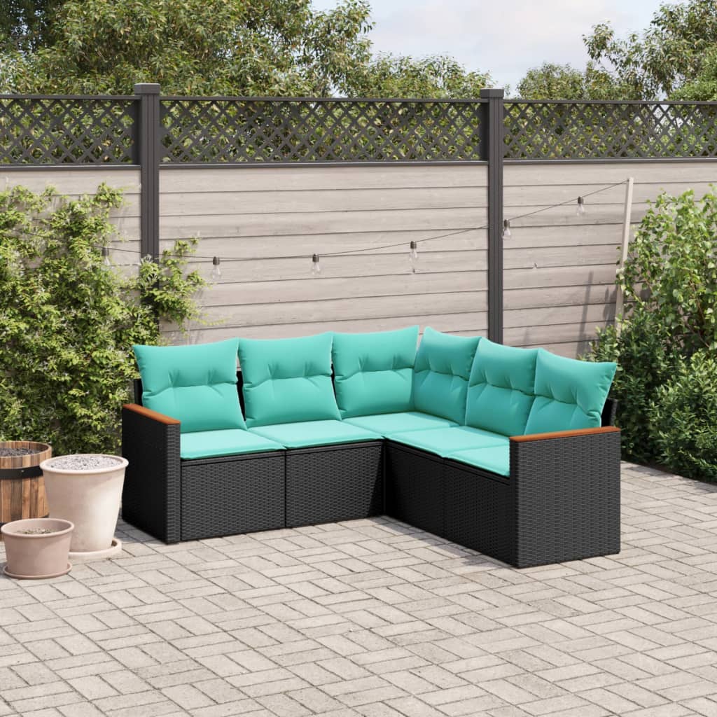 JUNG Vida 5-teiliges Gartensofa-Set mit Kissen, schwarzes Polyrattan
