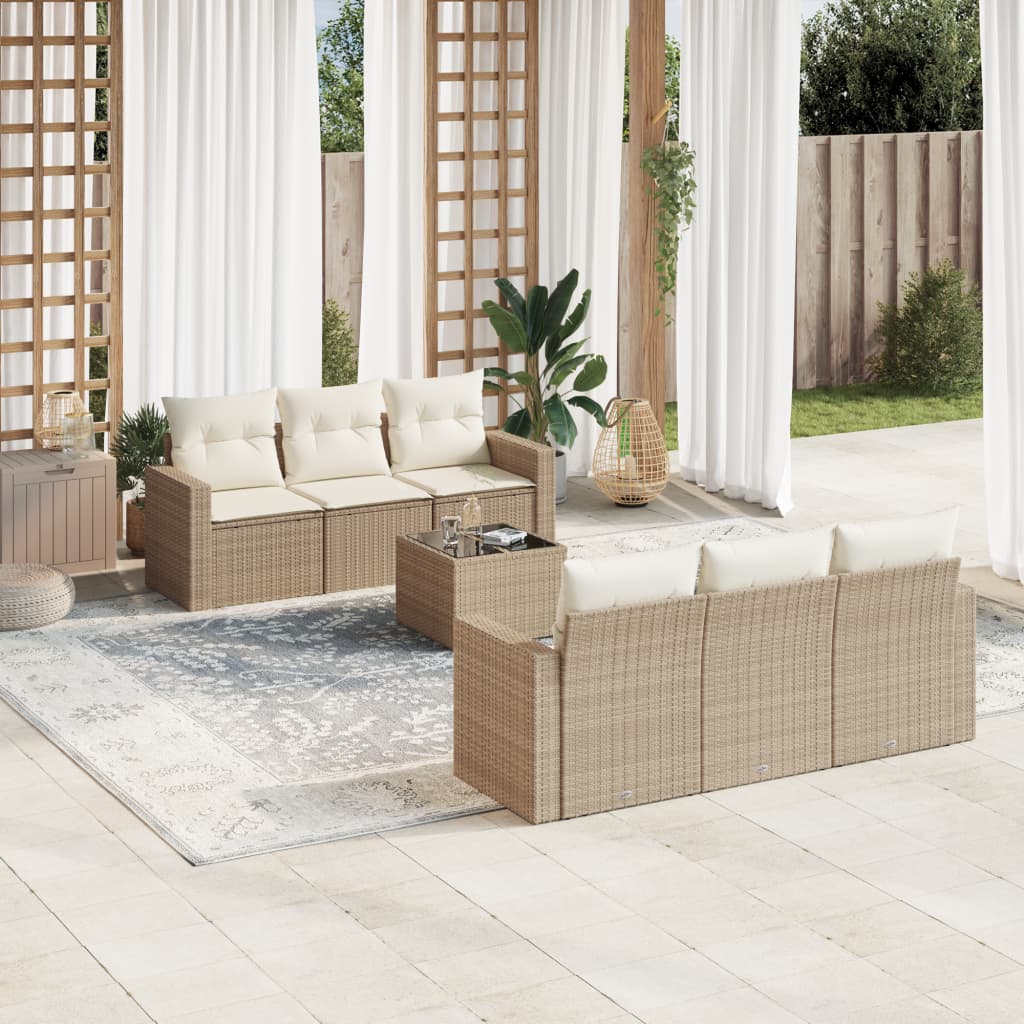 JUNG Vida 7-tlg. Garten-Sofagarnitur mit Kissen Beige Poly Rattan