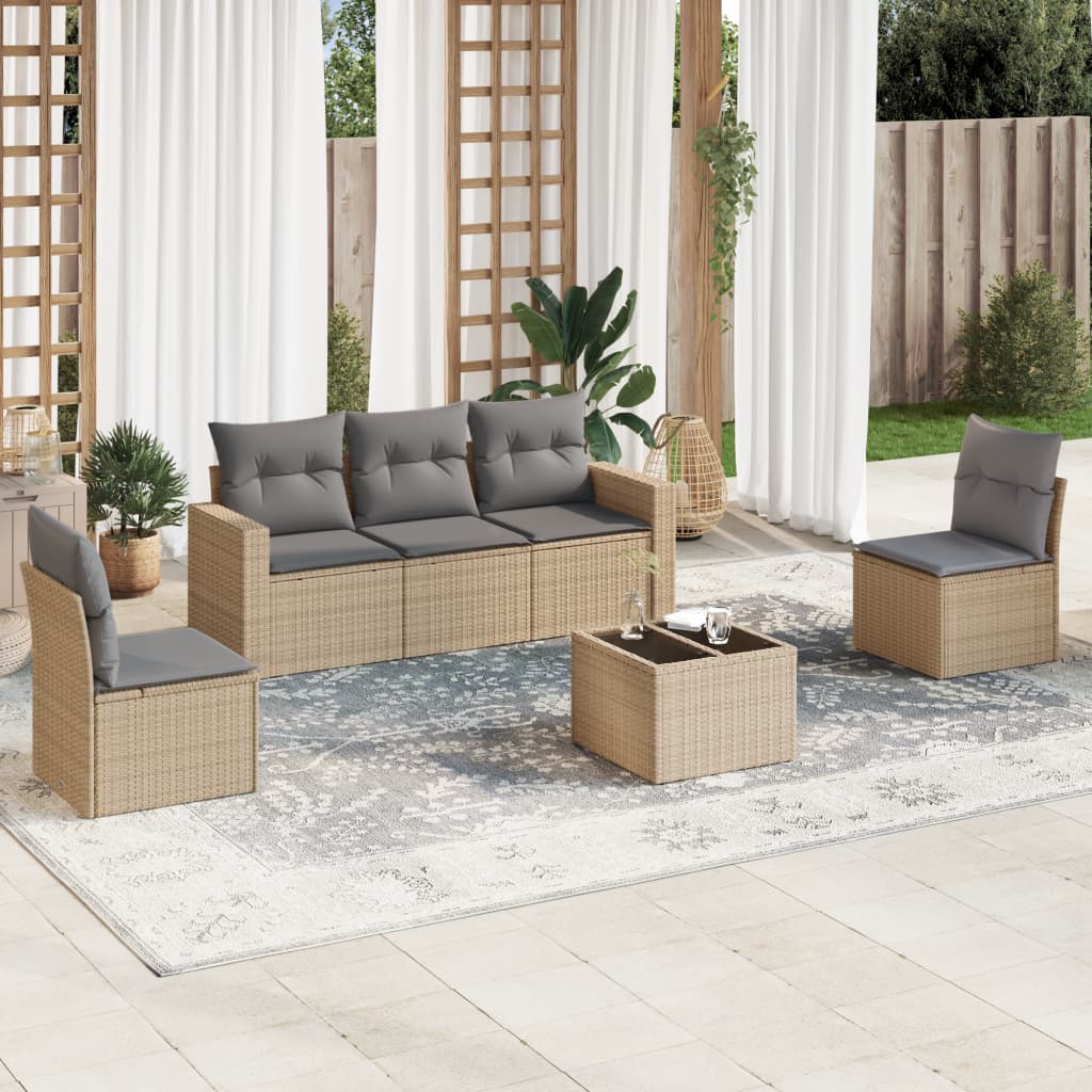 JUNG Vida 6-tlg. Garten-Sofagarnitur mit Kissen Beige Poly Rattan