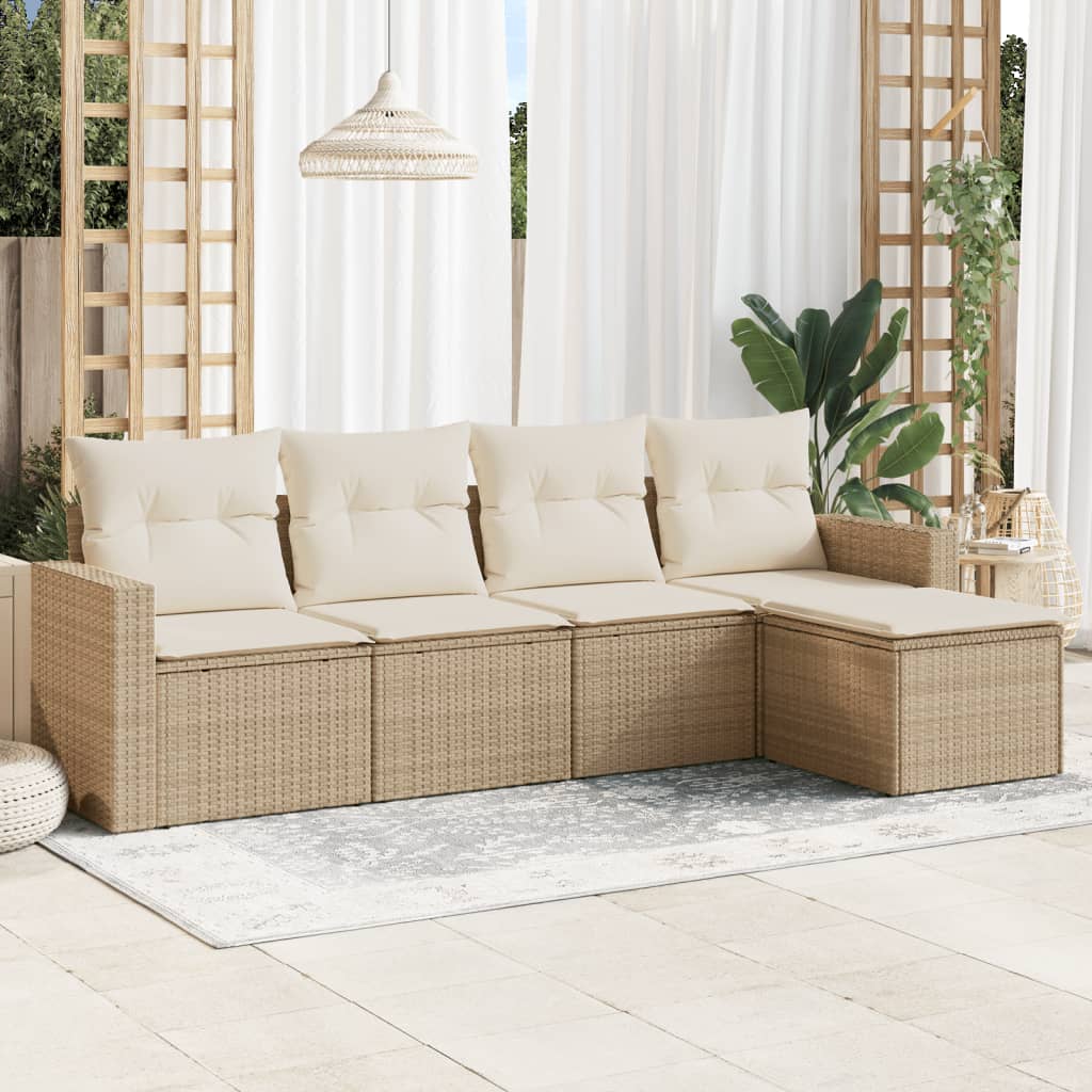 JUNG Vida 5-tlg. Garten-Sofagarnitur mit Kissen Beige Poly Rattan