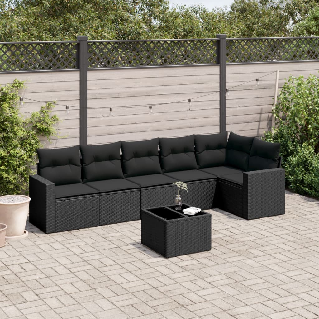 JUNG Vida 7-tlg. Garten-Sofagarnitur mit Kissen Schwarz Poly Rattan