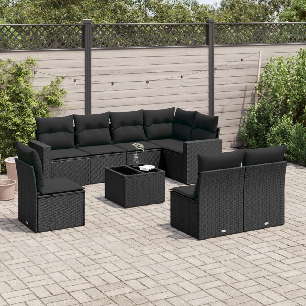 JUNG Vida 9-tlg. Garten-Sofagarnitur mit Kissen Schwarz Poly Rattan