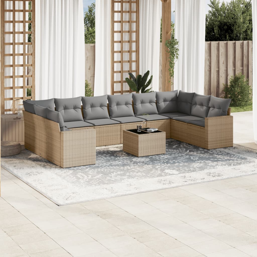 JUNG Vida 11-tlg. Garten-Sofagarnitur mit Kissen Beige Poly Rattan
