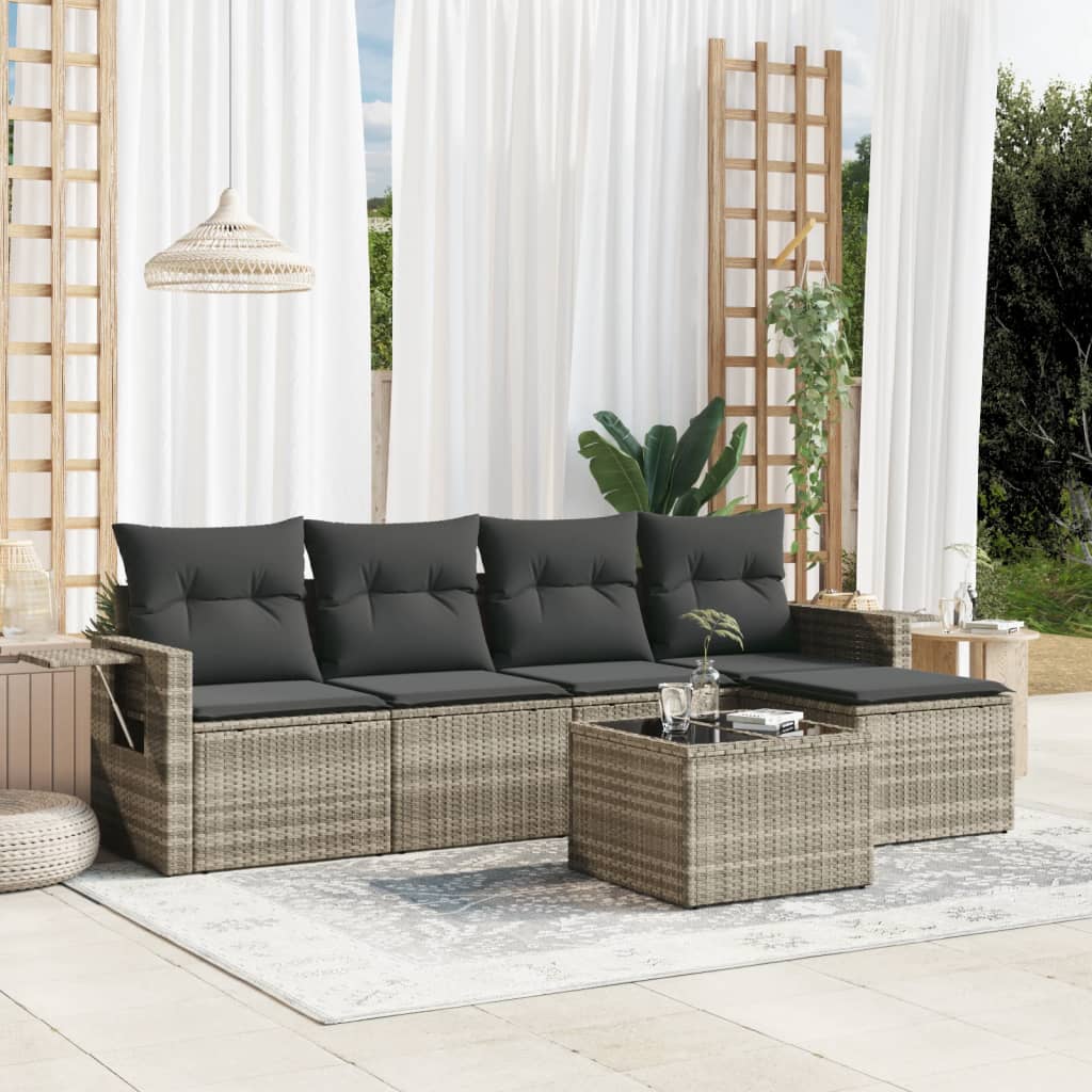 JUNG Vida 6-tlg. Garten-Sofagarnitur mit Kissen Hellgrau Poly Rattan