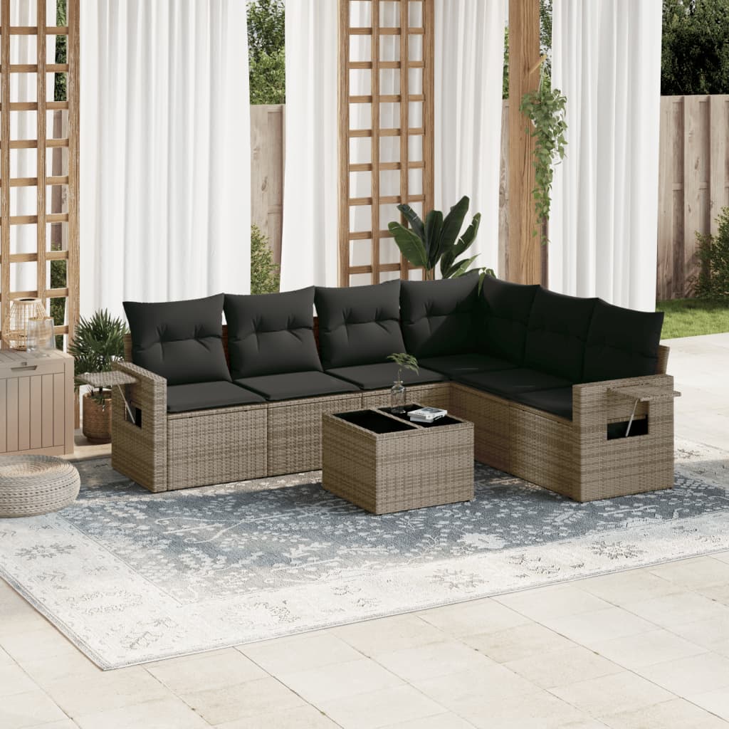 JUNG Vida 7-tlg. Garten-Sofagarnitur mit Kissen Grau Poly Rattan