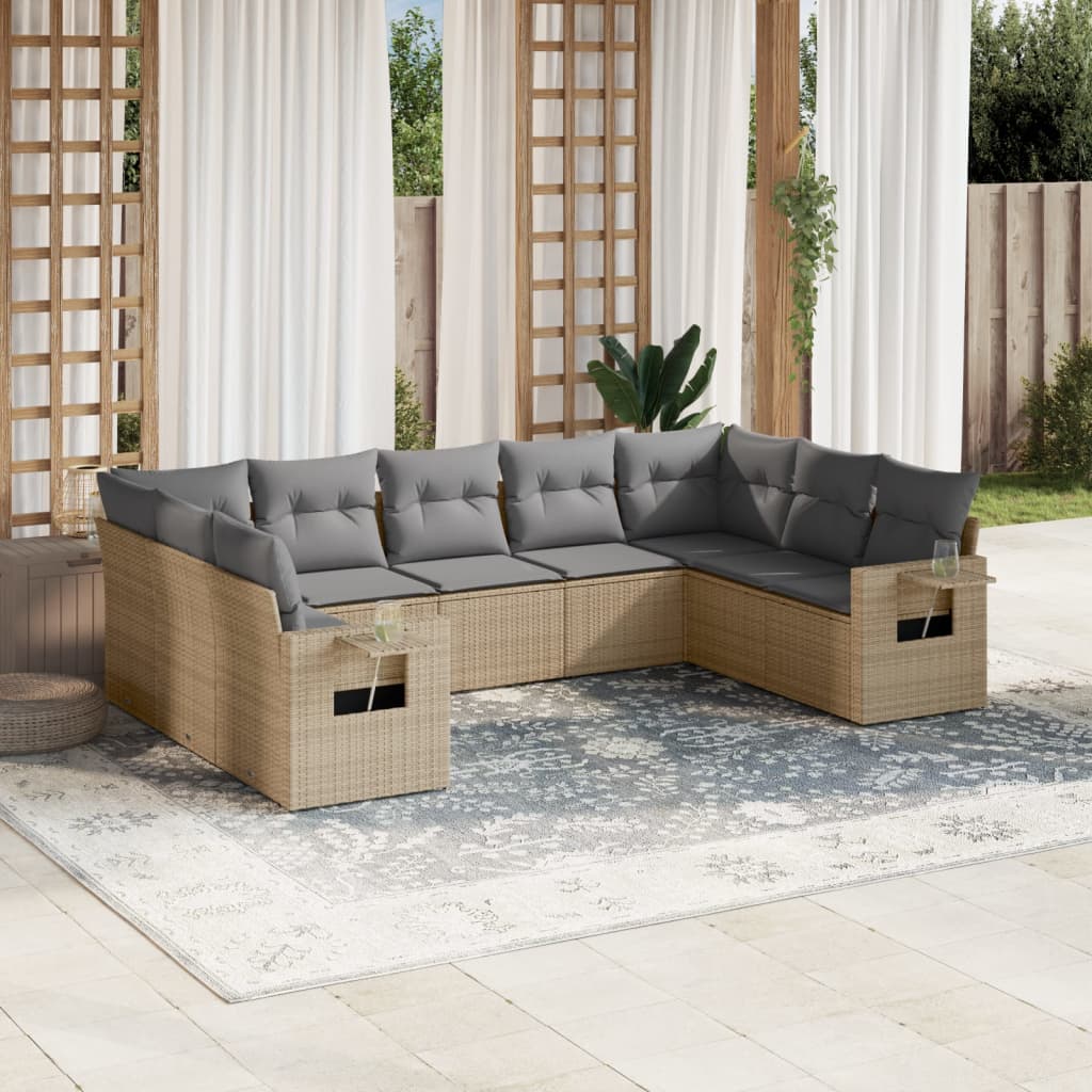JUNG Vida 9-tlg. Garten-Sofagarnitur mit Kissen Beige Poly Rattan