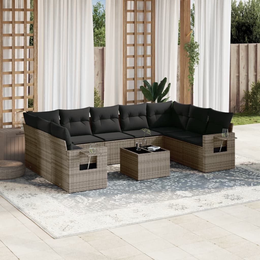 JUNG Vida 10-tlg. Garten-Sofagarnitur mit Kissen Grau Poly Rattan