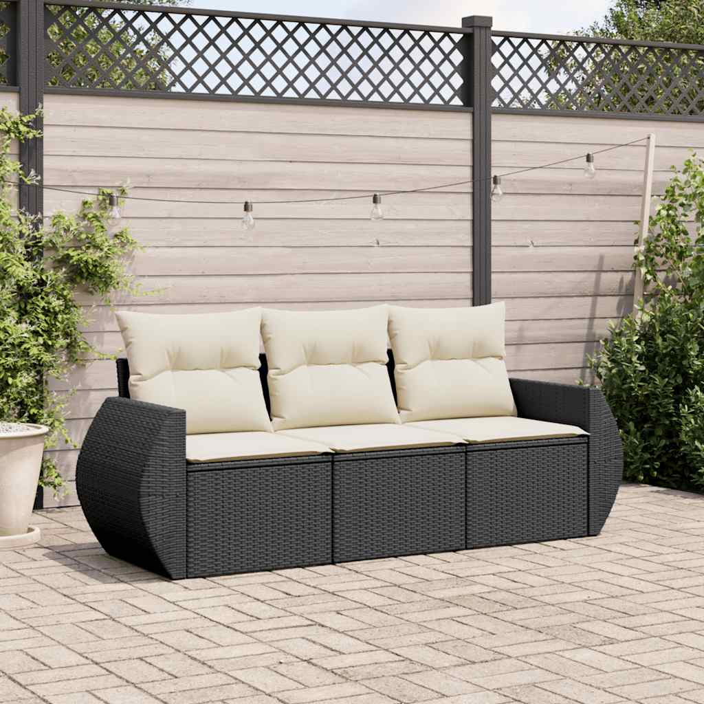 JUNG Vida 3-tlg. Garten-Sofagarnitur mit Kissen Schwarz Poly Rattan