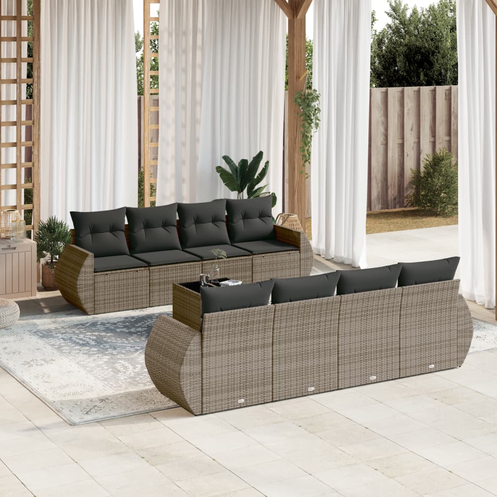 JUNG Vida 9-tlg. Garten-Sofagarnitur mit Kissen Grau Poly Rattan