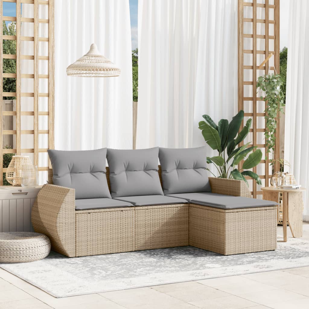 JUNG Vida 4-tlg. Garten-Sofagarnitur mit Kissen Beige Poly Rattan