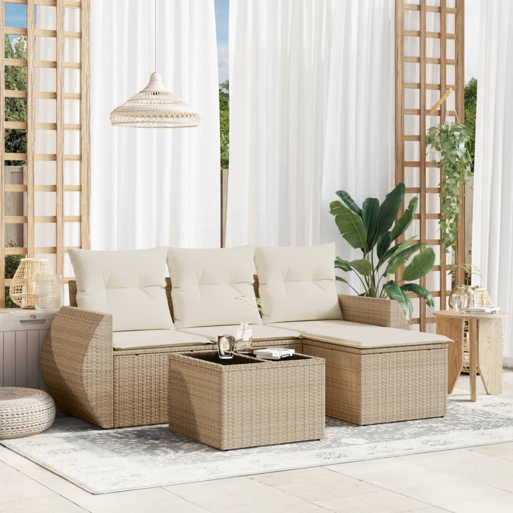 JUNG Vida 5-tlg. Garten-Sofagarnitur mit Kissen Beige Poly Rattan