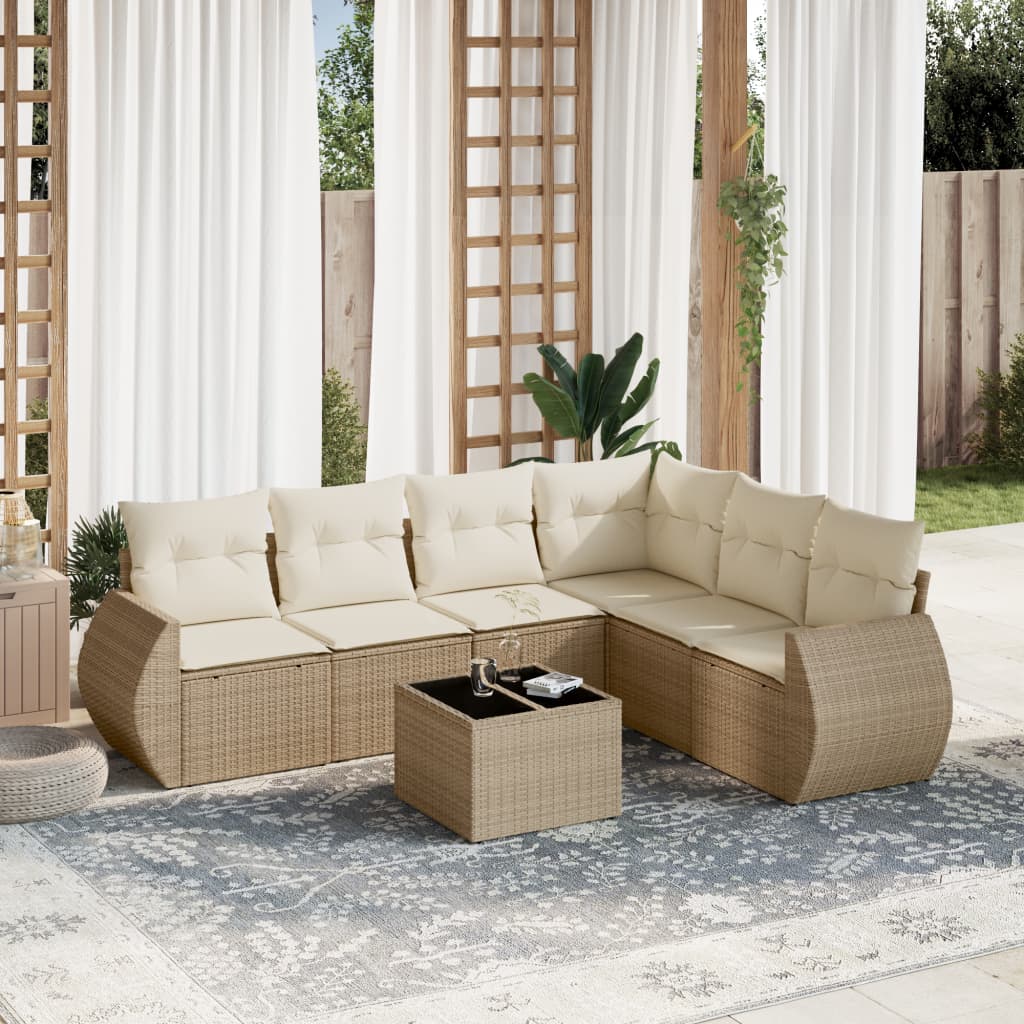 JUNG Vida 7-tlg. Garten-Sofagarnitur mit Kissen Beige Poly Rattan