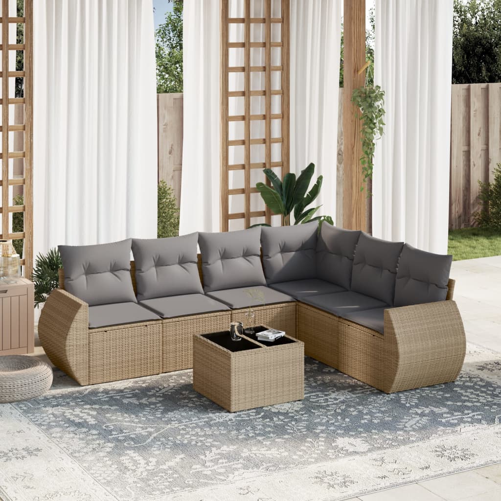JUNG Vida 7-tlg. Garten-Sofagarnitur mit Kissen Beige Poly Rattan