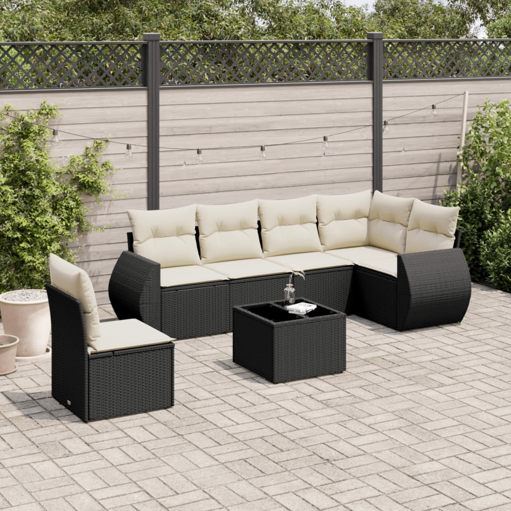 JUNG Vida 7-tlg. Garten-Sofagarnitur mit Kissen Schwarz Poly Rattan