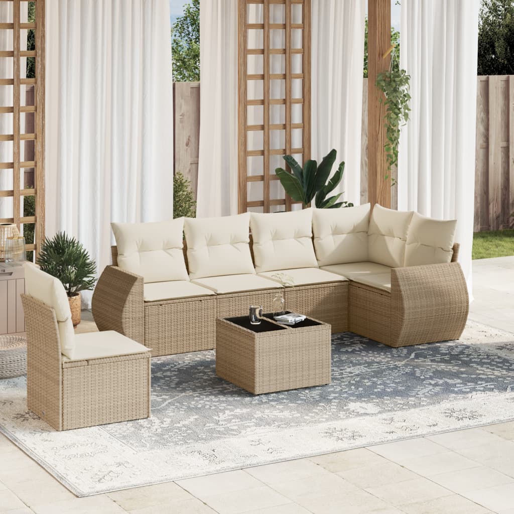 JUNG Vida 7-tlg. Garten-Sofagarnitur mit Kissen Beige Poly Rattan