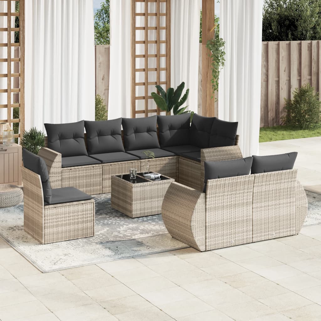 JUNG Vida 9-tlg. Garten-Sofagarnitur mit Kissen Hellgrau Poly Rattan