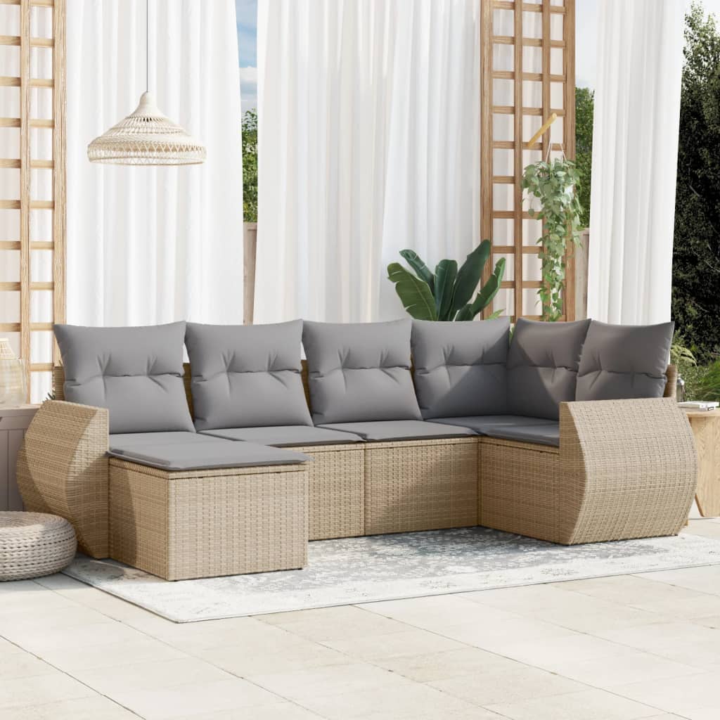 JUNG Vida 6-tlg. Garten-Sofagarnitur mit Kissen Beige Poly Rattan