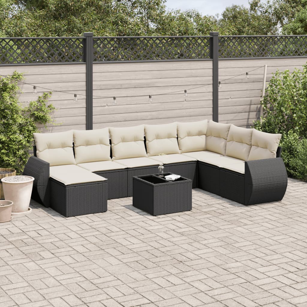 JUNG Vida 9-tlg. Garten-Sofagarnitur mit Kissen Schwarz Poly Rattan
