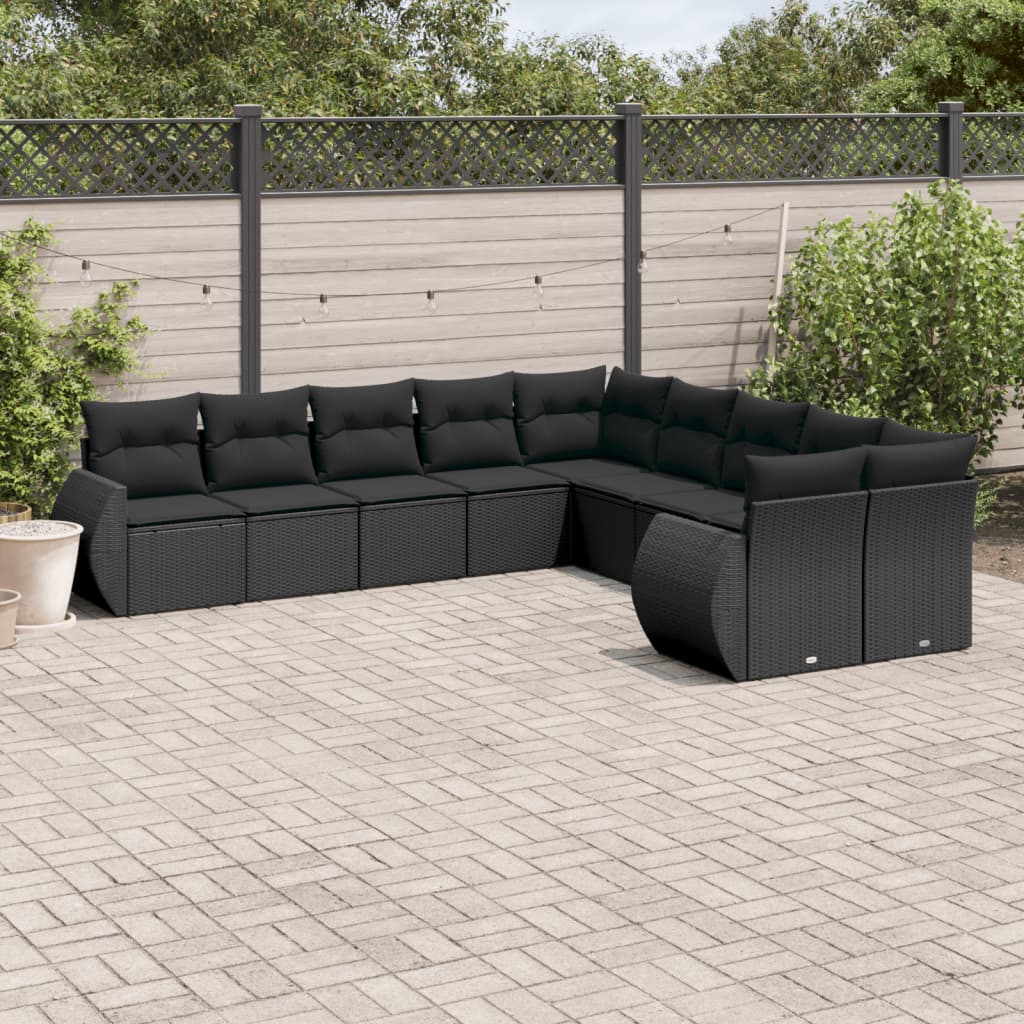 JUNG Vida 10-tlg. Garten-Sofagarnitur mit Kissen Schwarz Poly Rattan