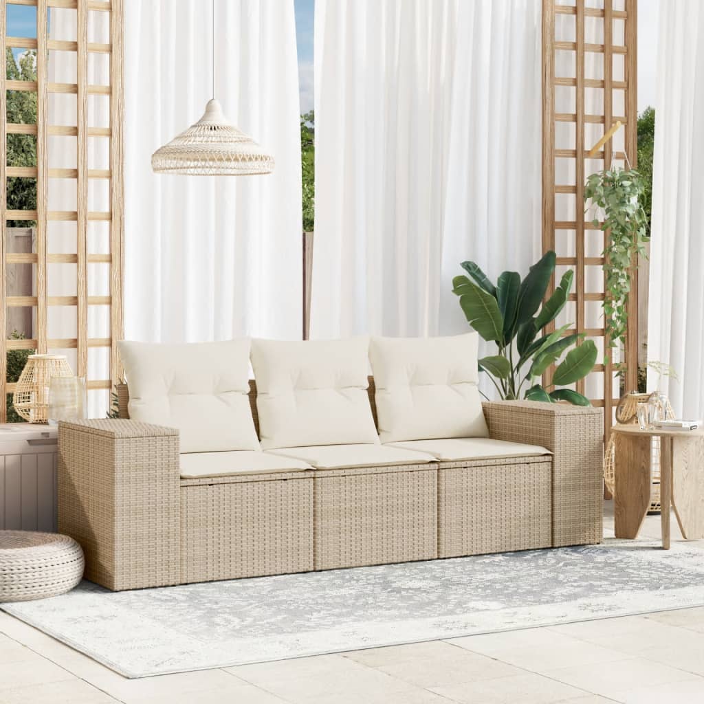 JUNG Vida 3-tlg. Garten-Sofagarnitur mit Kissen Beige Poly Rattan