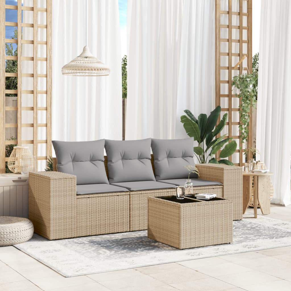 JUNG Vida 4-tlg. Garten-Sofagarnitur mit Kissen Beige Poly Rattan