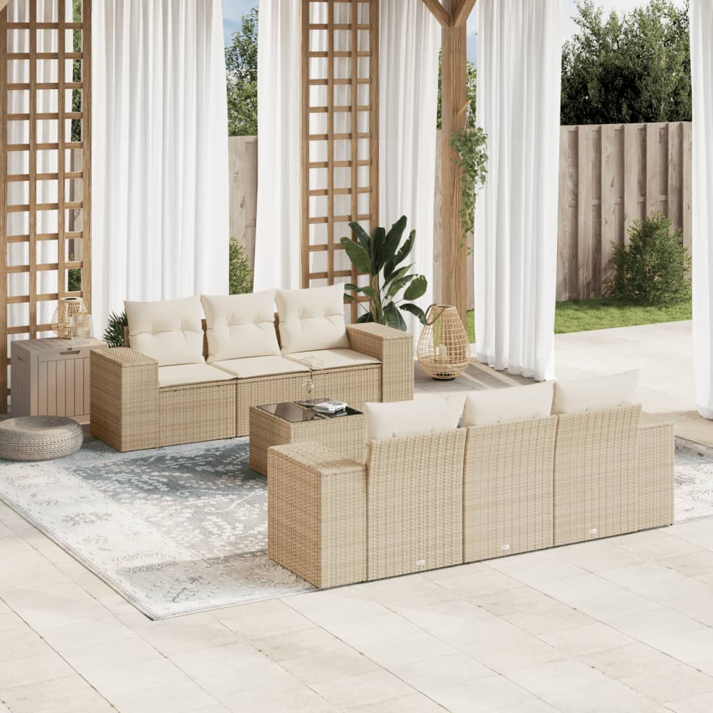 JUNG Vida 7-tlg. Garten-Sofagarnitur mit Kissen Beige Poly Rattan