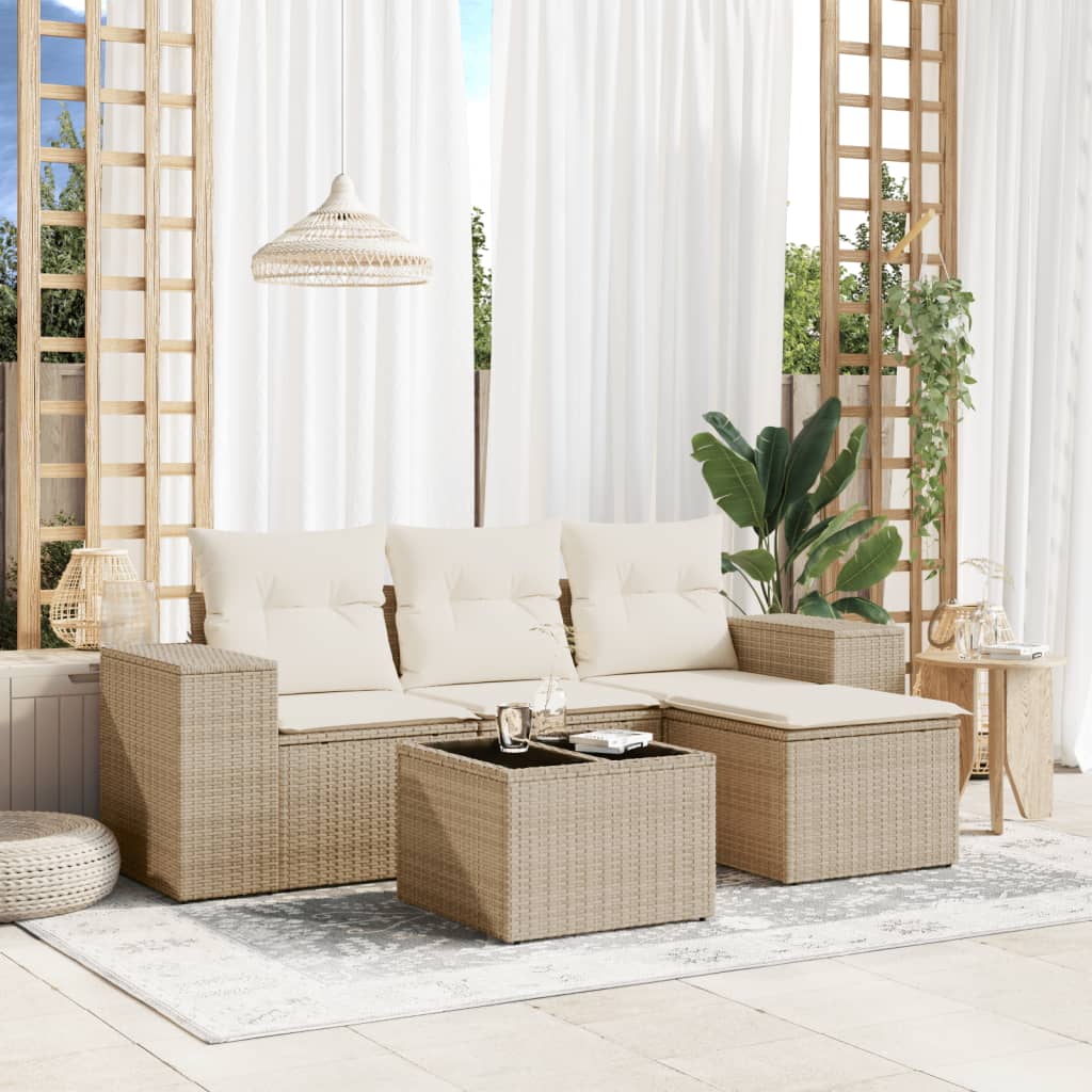 JUNG Vida 5-tlg. Garten-Sofagarnitur mit Kissen Beige Poly Rattan