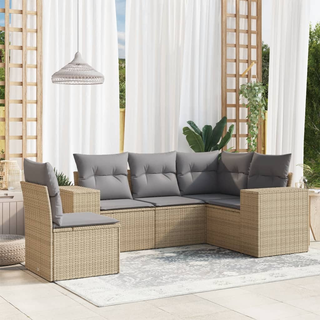 JUNG Vida 5-tlg. Garten-Sofagarnitur mit Kissen Beige Poly Rattan