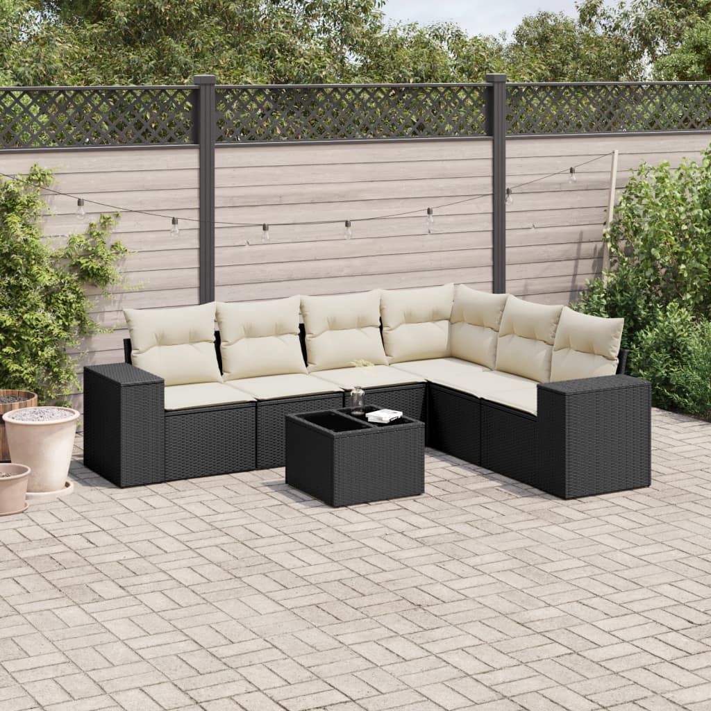 JUNG Vida 7-tlg. Garten-Sofagarnitur mit Kissen Schwarz Poly Rattan