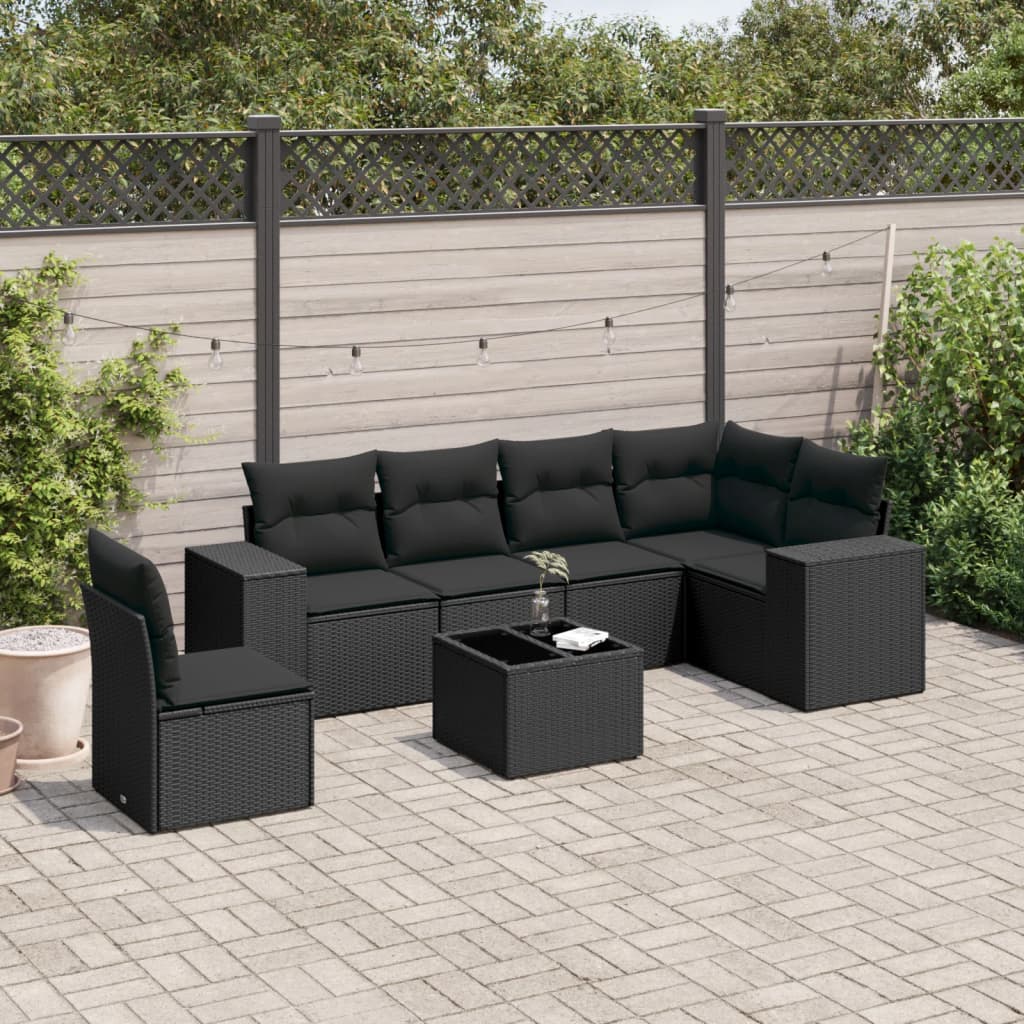 JUNG Vida 7-tlg. Garten-Sofagarnitur mit Kissen Schwarz Poly Rattan