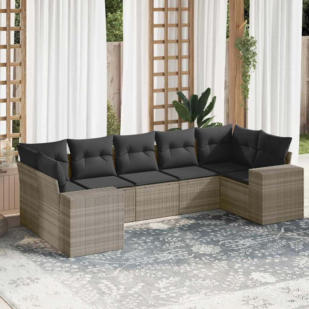 JUNG Vida 7-tlg. Garten-Sofagarnitur mit Kissen Hellgrau Poly Rattan