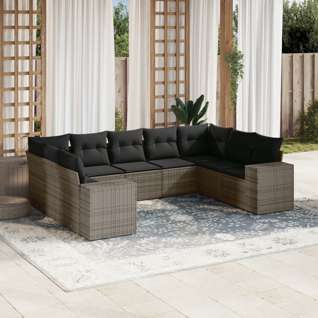 JUNG Vida 9-tlg. Garten-Sofagarnitur mit Kissen Grau Poly Rattan