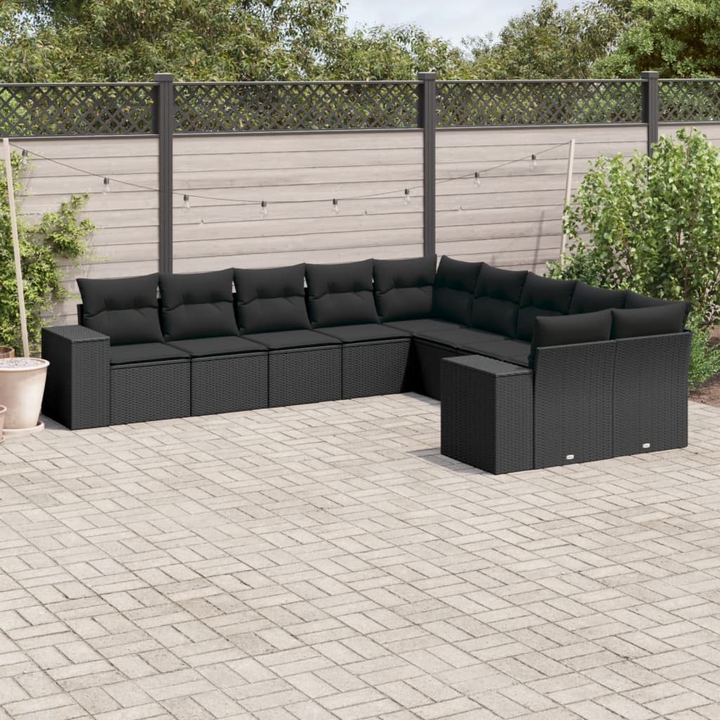 JUNG Vida 10-tlg. Garten-Sofagarnitur mit Kissen Schwarz Poly Rattan