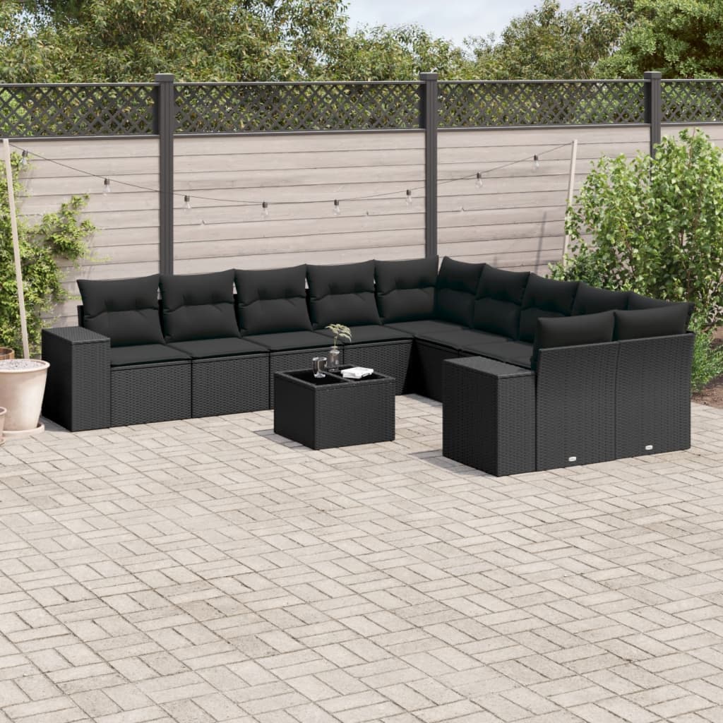 JUNG Vida 11-tlg. Garten-Sofagarnitur mit Kissen Schwarz Poly Rattan