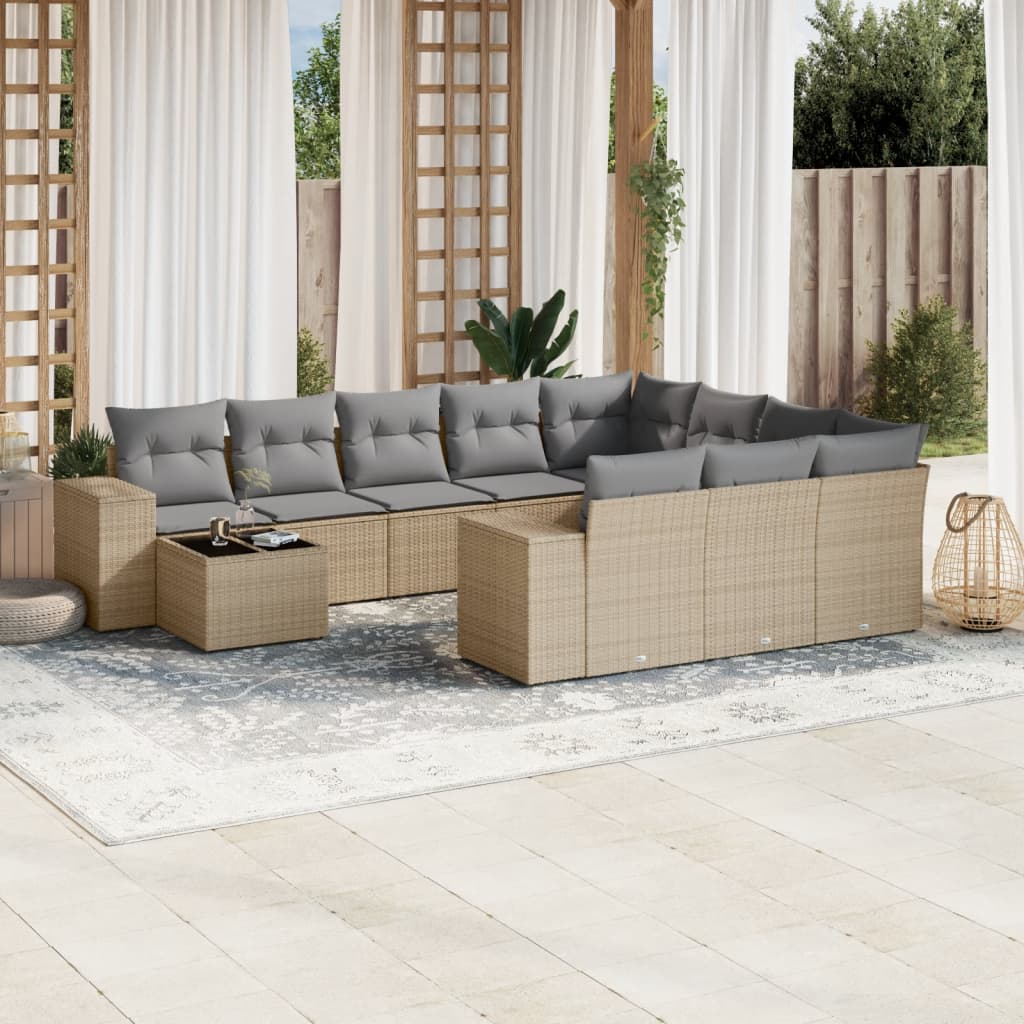 JUNG Vida 11-tlg. Garten-Sofagarnitur mit Kissen Beige Poly Rattan