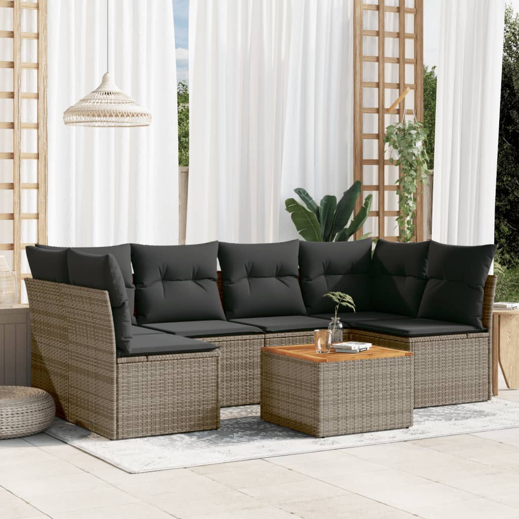 JUNG Vida 7-tlg. Garten-Sofagarnitur mit Kissen Grau Poly Rattan