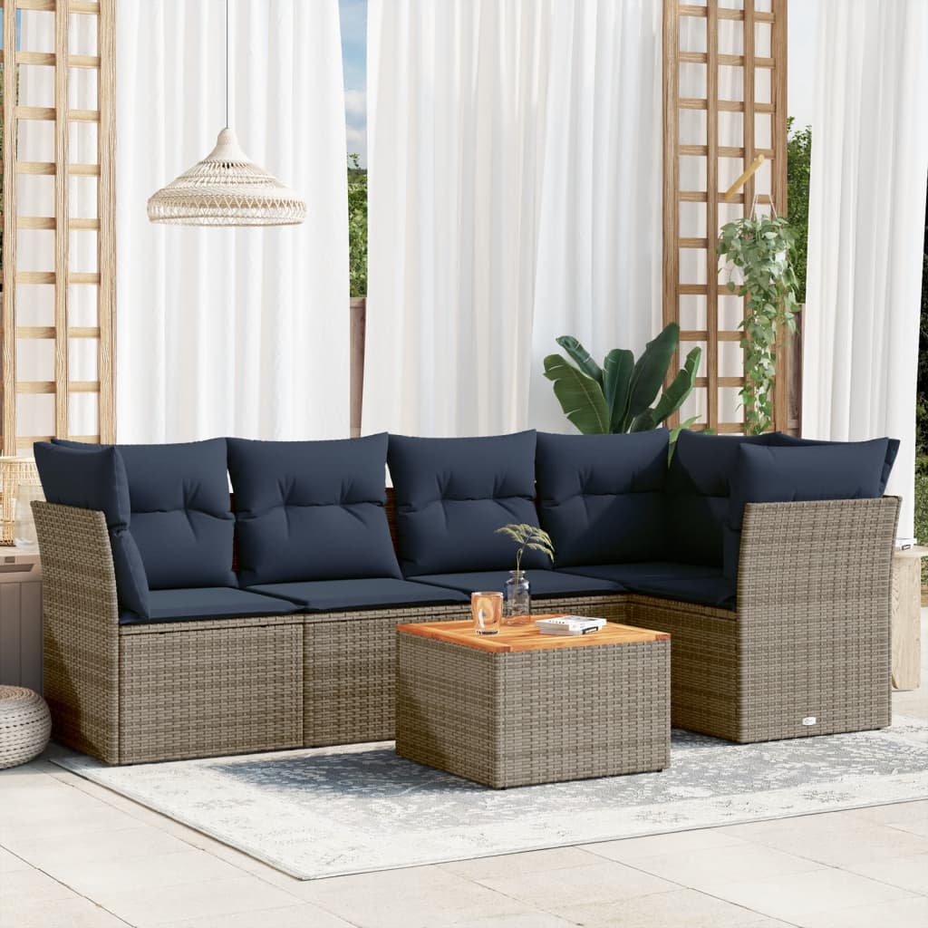 JUNG Vida 6-tlg. Garten-Sofagarnitur mit Kissen Grau Poly Rattan