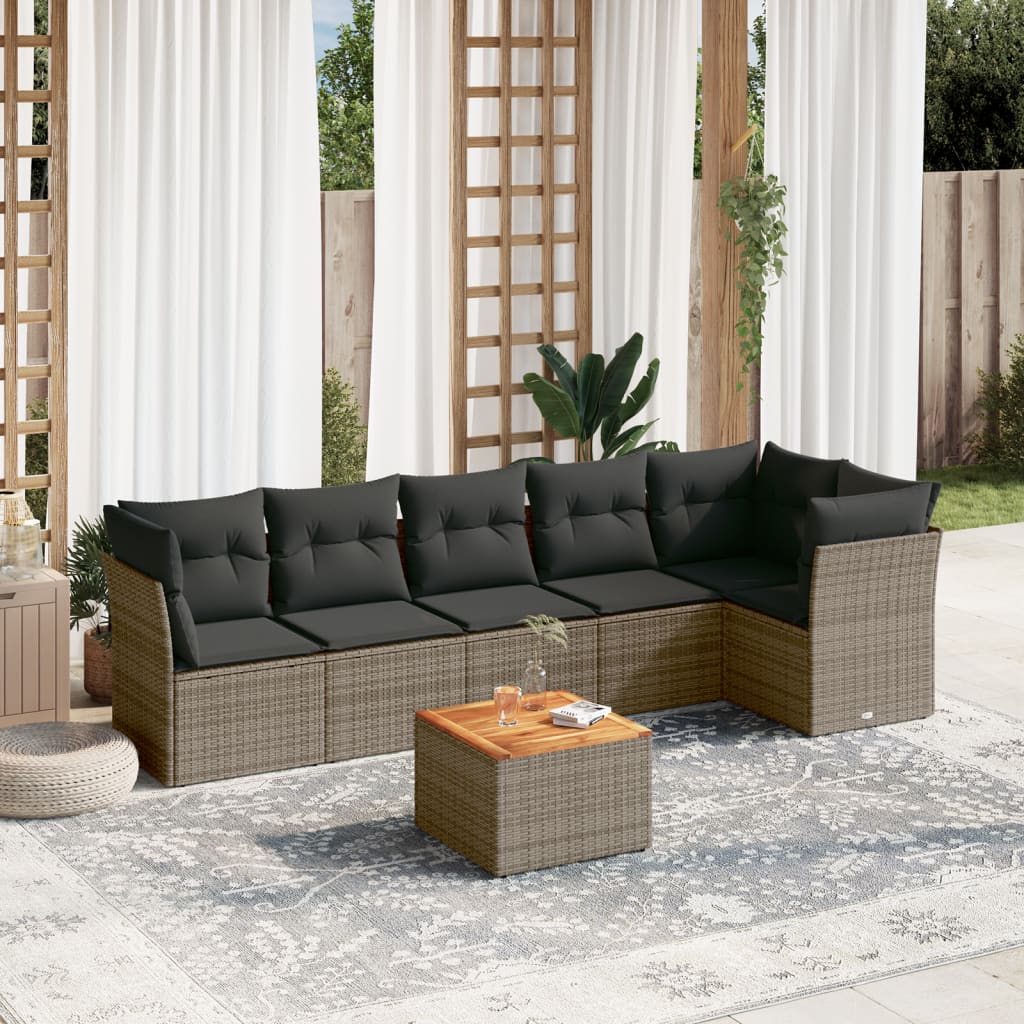 JUNG Vida 7-tlg. Garten-Sofagarnitur mit Kissen Grau Poly Rattan