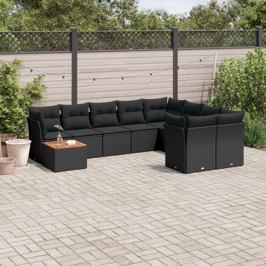 JUNG Vida 10-tlg. Garten-Sofagarnitur mit Kissen Schwarz Poly Rattan