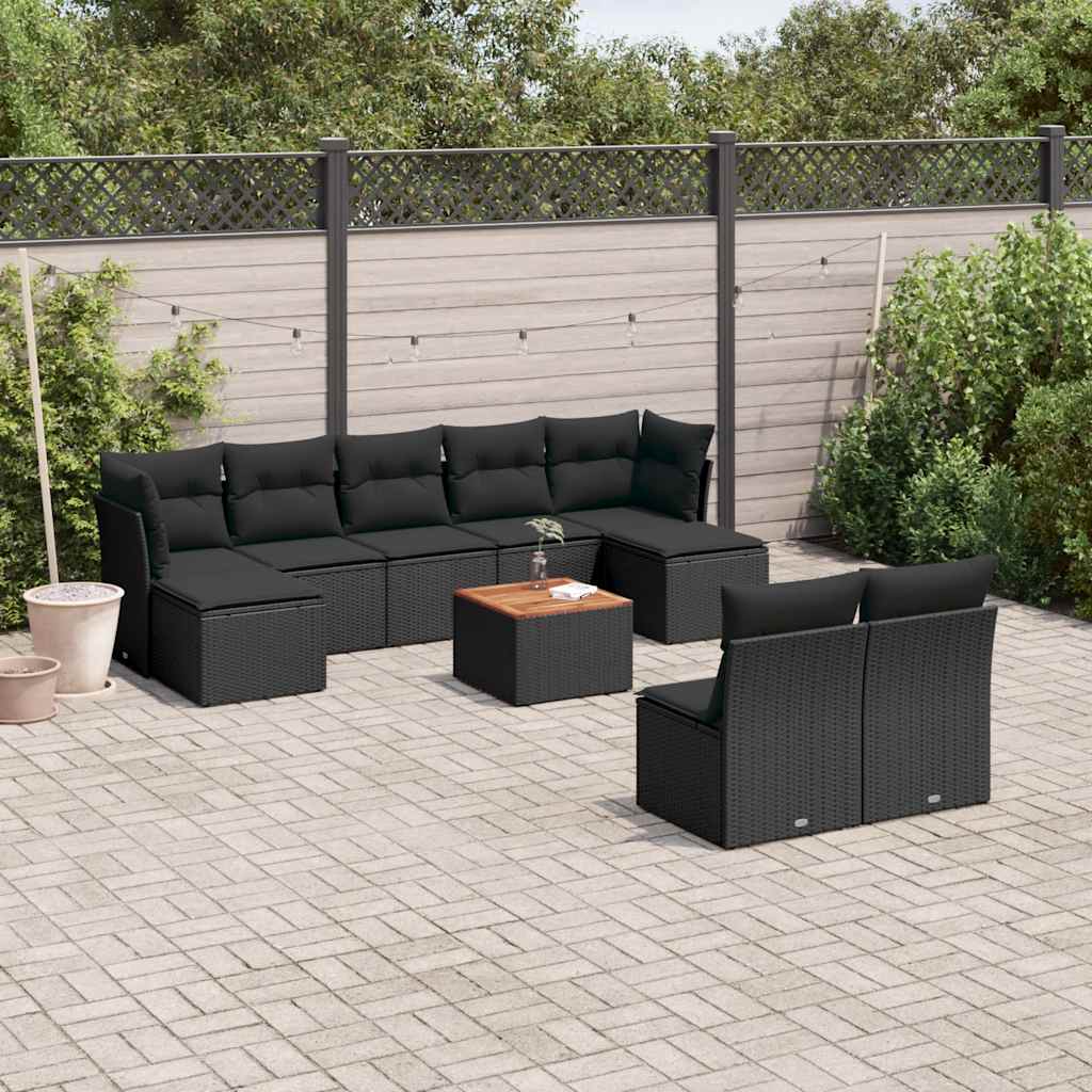 JUNG Vida 10-tlg. Garten-Sofagarnitur mit Kissen Schwarz Poly Rattan